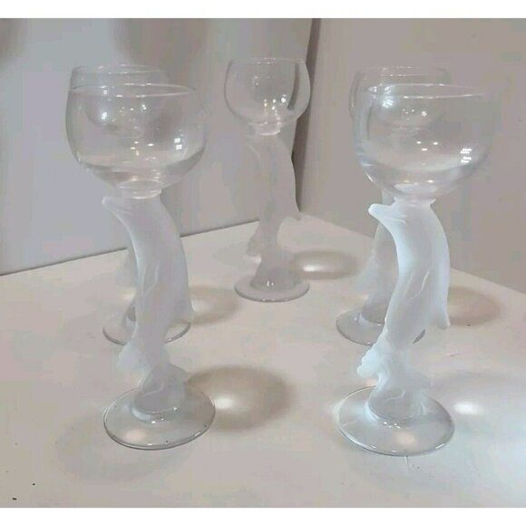 Vtg Bayel Golden Crown E&R  Frosted Dolphin Stem Crystal Cordial Glasses Set 5 - Picture 1 of 11